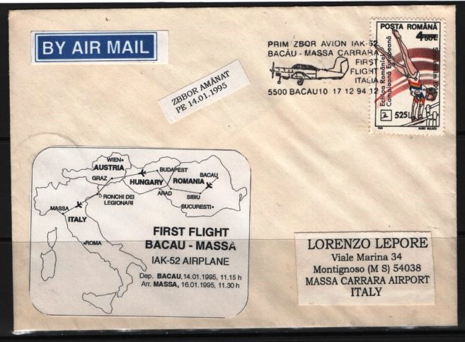 ROMANIA 1995 - AVIATIE. PRIM ZBOR AVION IAK-52. INTREG POSTAL, Z65