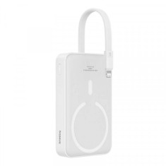 Baterie Externa Wireless Baseus Magnetic Mini, 10000mAh, 20W, PD + FQI, 1 x Lightning - 1 x QI - 1 x USB-C, Alba P10022109223-00
