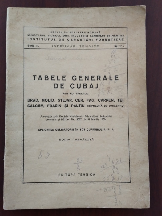 Tabele generale de cubaj - brad molid stejar fag carpen tei salc&acirc;m etc - 1951