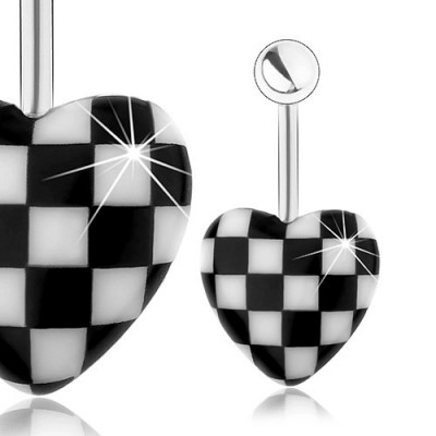 Piercing de buric din oțel, inimă convexă din acrilic, model tablă de șah foto