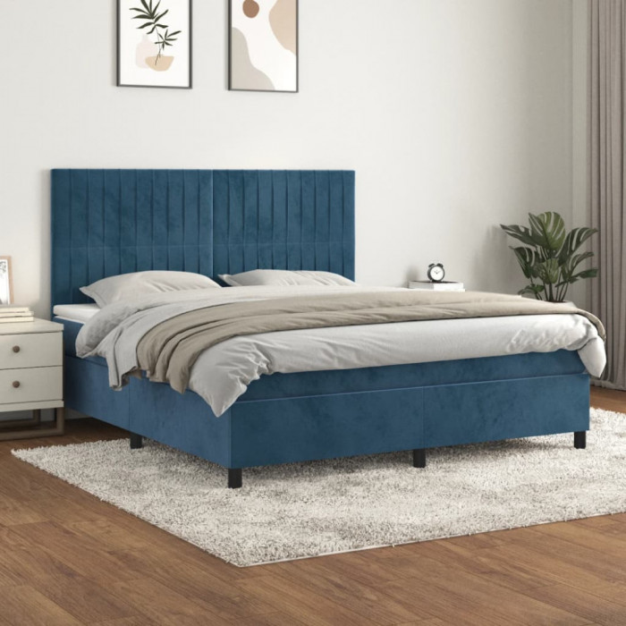 vidaXL Pat box spring cu saltea, albastru &icirc;nchis, 180x200 cm, catifea