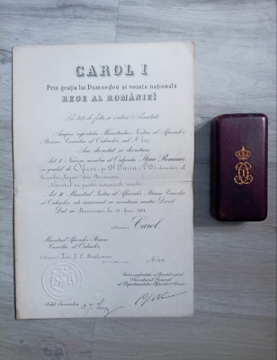 Ordinul Steaua Romaniei ofiter civil mod 1 argint + cutie piele+ brevet din 1902 foto