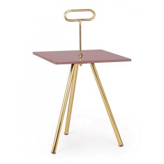 Masuta cafea cu blat sticla roz picioare fier auriu Inesh 35 cm x 35 cm x 63 h
