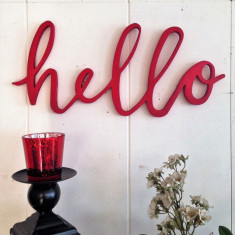 Decoratiune de perete, Red Hello, 46x20x1.8 cm, Placaj , Rosu