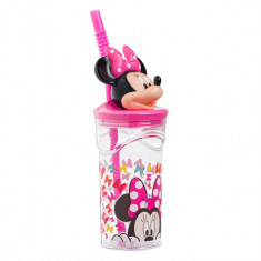 Pahar cu capac si pai pentru bauturi,Minnie Mouse 3D,plastic,360 ml