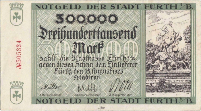 1923 (15 VIII), 300.000 mark (Keller 1654d.01) - Germania (F&uuml;rth)!