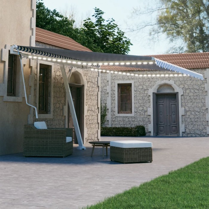 vidaXL Copertină automată senzor v&acirc;nt/LED, albastru și alb, 450x300 m