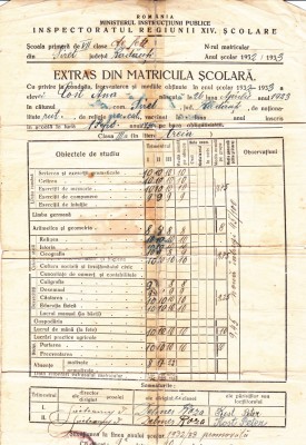 AMS - EXTRAS DIN MATRICULA SCOLARA, SIRET, JUD.RADAUTI, ANUL 1932-1933 foto