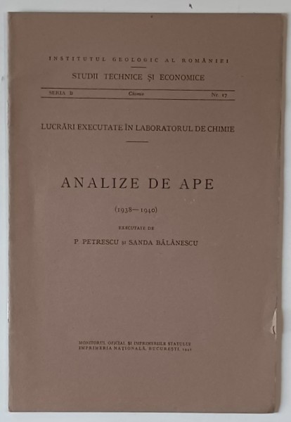 ANALIZE DE APE ( 1938 - 1940 ) , executate de P. PETRESCU si SANDA BALANESCU , 1941