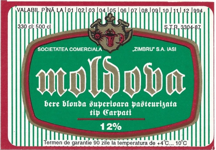 NI439 Etichetă bere blondă superioară pasteurizată tip Carpați, Moldova, 1994, Societatea comercială Zimbru SA, Iași