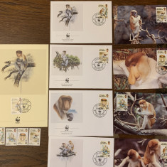 brunei - maimuta cu nas - serie 4 timbre MNH, 4 FDC, 4 maxime, fauna wwf
