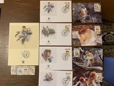 brunei - maimuta cu nas - serie 4 timbre MNH, 4 FDC, 4 maxime, fauna wwf foto