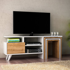 Mobilier pentru living Nature, Furny Home, comoda TV si 3 masute, 120x29.5x49 cm, alb/natural