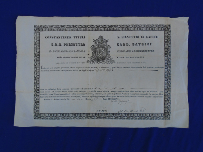 CONSTANTINUS TITULI , S. SILVESTRI IN CAPITE * DOCUMENT VECHI CATOLIC , 1846