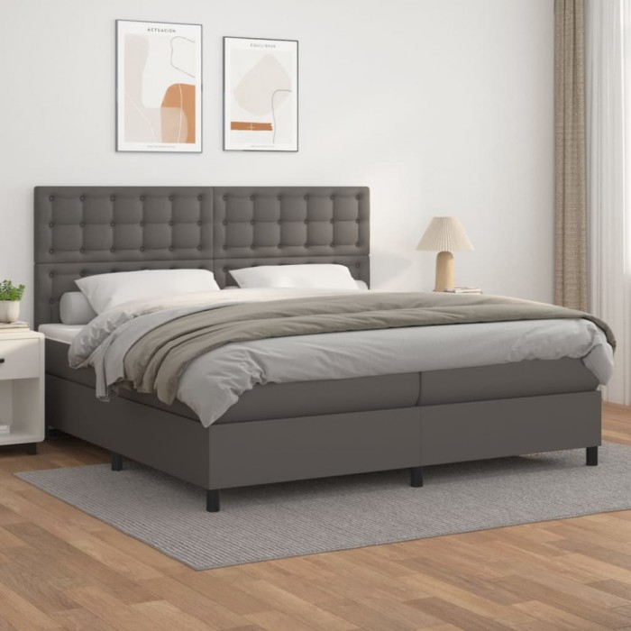 vidaXL Pat box spring cu saltea, gri, 200x200 cm, piele ecologică 3142867