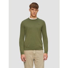 Pulover barbati cu decolteu la baza gatului, din bumbac, cu logo, Verde inchis, S
