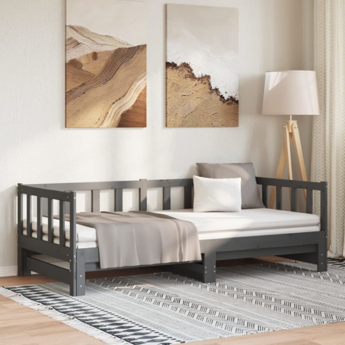 Pat de zi extensibil, gri, 2x(90x190) cm, lemn masiv de pin