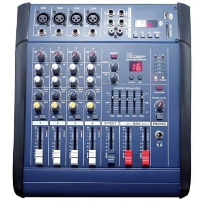 Mixer audio profesional cu amplificare, putere 2x250 W, 4 canale, 16 efecte, egalizator 5 benzi, Bluetooth, USB/MP3 și Sound Card foto