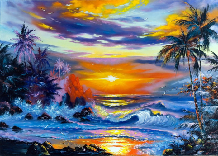 Tablou canvas Mare, palmieri, apus, soare, pictura, 105 x 70 cm