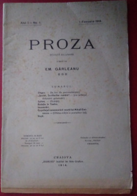 PROZA - Revistă bilunara scrisă de Emil Garleanu , anul I, nr. 1 /1914 foto