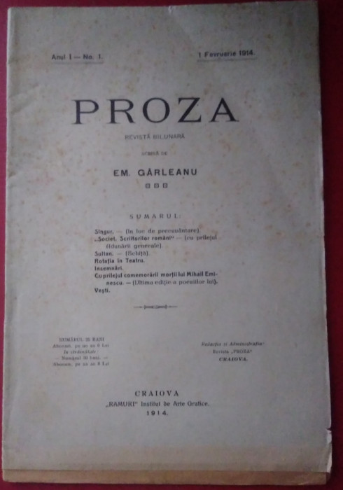 PROZA - Revistă bilunara scrisă de Emil Garleanu , anul I, nr. 1 /1914