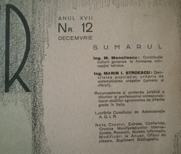 Mihail Manoilescu. M. I. Stroescu (Buletinul AGIR, Nr. 12, an XVII, 1935)