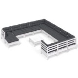 Set mobilier de gradina cu perne, 13 piese, alb, lemn de pin