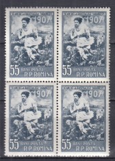 ROMANIA 1957 LP 426 - 40 DE ANI DE LA RASCOALELE TARANESTI DIN 1907 BLOC DE 4 TIMBRE MNH