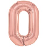 Balon din folie metalizata flippy, figurina cifra, tema aniversare 40 cm, ambalaj individual, pai inclus, umflare cu aer sau heliu, rose gold, cifra 0