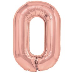 Balon din folie metalizata flippy, figurina cifra, tema aniversare 40 cm, ambalaj individual, pai inclus, umflare cu aer sau heliu, rose gold, cifra 0
