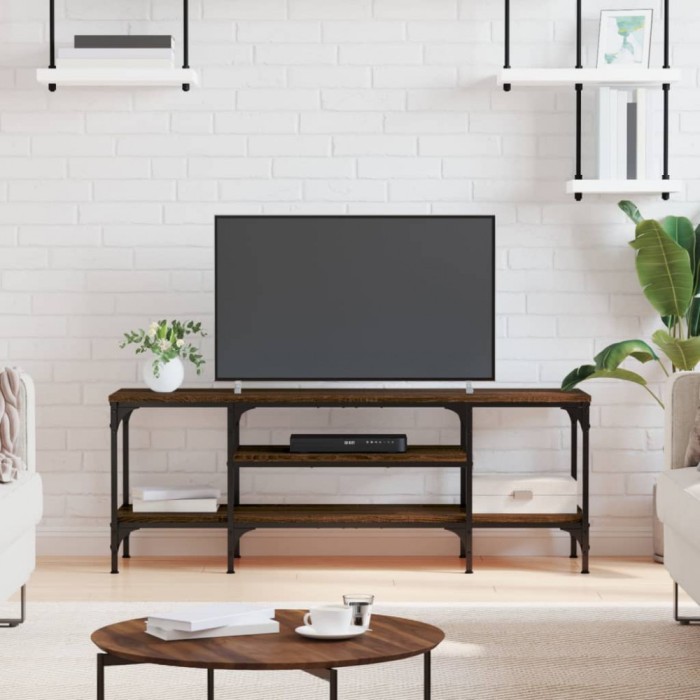 Comodă TV, stejar maro, 121x35x45 cm, lemn prelucrat &amp; fier