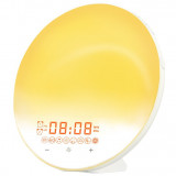 Lampa LED Inteligenta, Radio FM cu Ceas si Alarma, Simulare Rasarit &amp; Apus de Soare, Sunete albe, 7 culori LED, Smart Wake-up light, Port USB