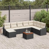 Set de canapea de grădină cu 9 piese, perne, ratan poliester negru, lemn de acacia