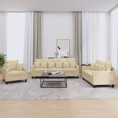 vidaXL Set de canapele cu perne, 3 piese, crem, textil 3201634 foto