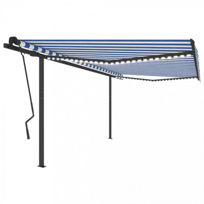 vidaXL Copertină retractabilă manual, cu LED, albastru &amp; alb 4,5x3,5 m