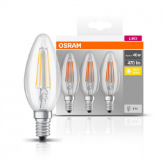 3 Becuri LED Osram Base Classic B, E14, 4W (40W), 470 lm, lumina calda (2700K),