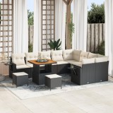 Set de canapea de grădină vidaXL cu 12 piese și perne negre din poliratan și acacia, Set de dining de grădină vidaXL cu 3 piese și perne negre din pol