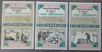 Germania lot 3 notgeld 3 x 1.50 Mark (2 x 75 Pfennig) 1921 Cranenburg ** foto