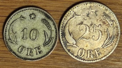 Danemarca secol 19 - set colectie argint - 10 ore 1897 + 25 ore 1874 - Christian IX - rarute ! foto