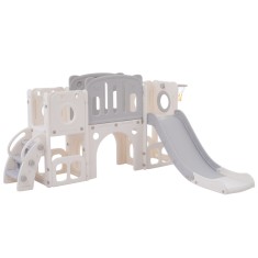 Tobogan Multifuncțional 6-&icirc;n-1 pentru Copii cu Rampă, Platformă Dublă, Dulapuri, Coș de Baschet și Scară, din Polietilenă de &Icirc;naltă Densitate, 174x150