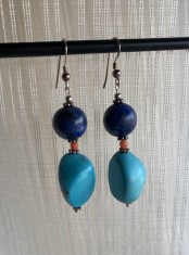 Cercei din argint masiv 925 cu turcoaz reconstruit, coral ?i lapis lazuli foto