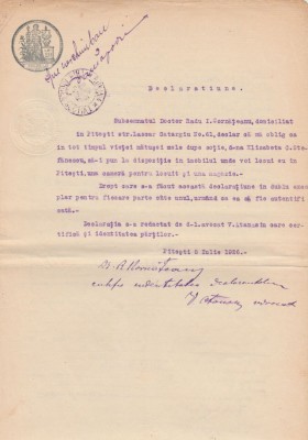 1926 Declaratie notariala Pitesti - coala fiscala cu timbru fix 20 Lei si sec foto