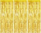 Set de 3 perdele cu franjuri Shengyuantong, folie, auriu, 100 x 200 cm