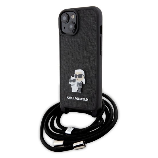 Husa pentru iPhone 15 Plus / iPhone 14 Plus - Karl Lagerfeld Saffiano Crossbody (KLHCP15MSAKCPSK) - Metal Pin Karl&amp;Choupette