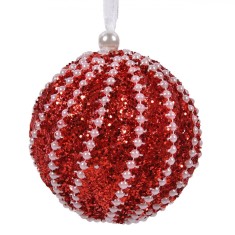 Glob Crăciun Brad, Model Glitter, Culoare Roșu, Perle Albe, Diametru 8cm