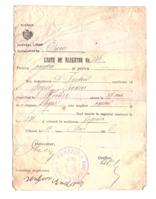 Carte de alegator Bihor 1926