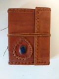 Jurnal Piele Naturala Handmade cu Piatra Albastra, Hartie Artizanala, 15x19cm - Caiet de Calatorie Unicat