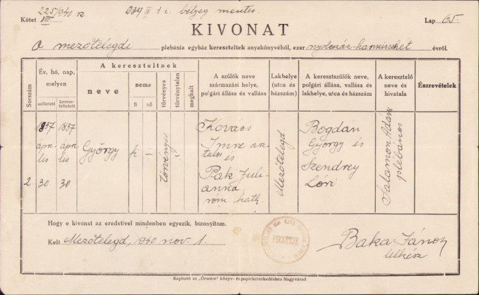 HST A1211 Extras registru biserică botezați 1940 Tileagd Bihor