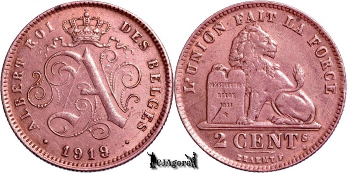 1919, 2 Centimes - Albert I - Regatul Belgiei - inscripție franceză