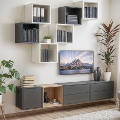 Set mobilier living Leziter Boxie modular, antracit/alb/stejar sonoma, 10 piese